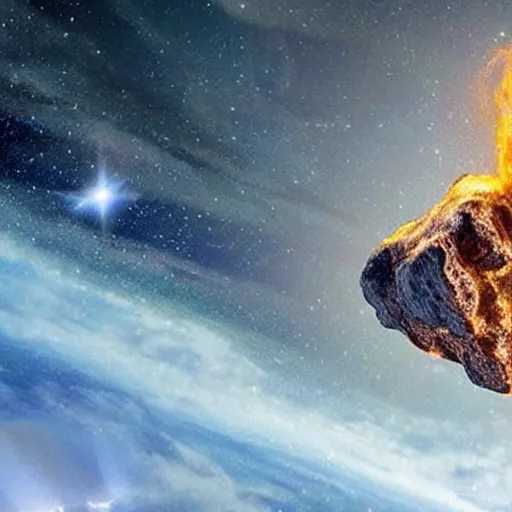 Image similar to fiery asteroid flying through space moving towards earth