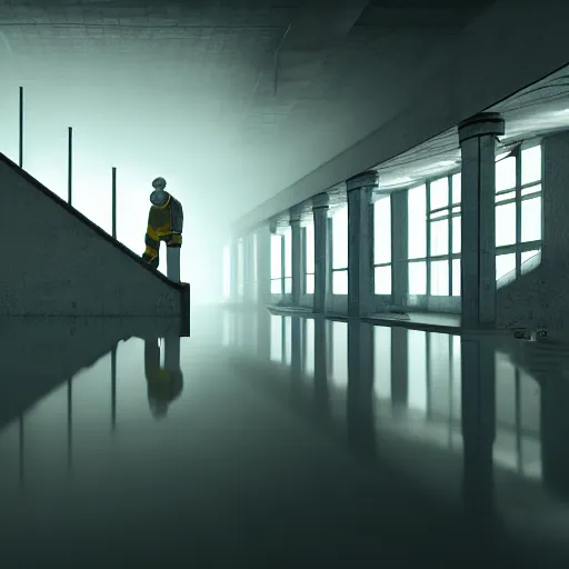 Prompt: underground warehouse, stairs to the surface, MC Escher style architecture, sterile, staff wearing hazmat suits, unknown location, light and shadows, light refraction, 4k, cinematic, unreal engine, concept art