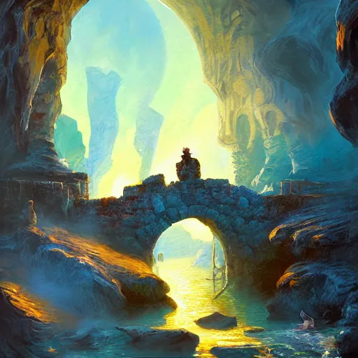 Image similar to acrylic painting, impressionism and expressionism, bold colors, expressive brushstrokes. the ferryman under a stone bridge over the river styx in hades. fantasy art by tyler edlin, cgsociety, burning torches, cliffs