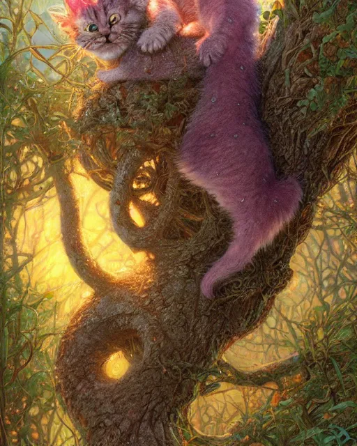 Image similar to an adorable cheshire kitten asleep in a tree | highly detailed | very intricate | symmetrical | whimsical and magical | soft cinematic lighting | award - winning wonderland | painted by donato giancola and paul lehr and ross tran | pastel color palette | featured on artstation