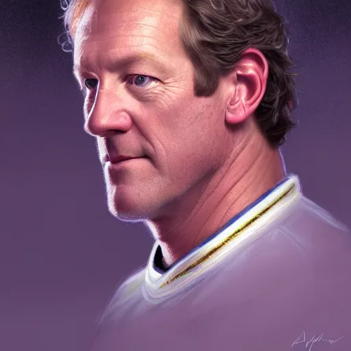 Image similar to beautiful portrait of Phil Housley, the hockey coach, fantasy, intricate, elegant, highly detailed, digital painting, artstation, concept art, smooth, sharp focus, luxury fashion illustration, art by artgerm and greg rutkowski and alphonse mucha, brightly lit cinematic soft lighting, photorealistic