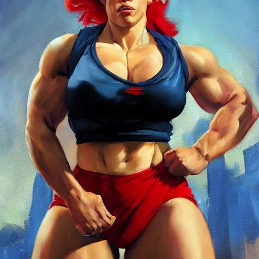 Prompt: greg manchess portrait of thick muscular weightlifter zarya from overwatch with ponytail and red hair played by scarlett johansson, medium shot, asymmetrical, profile picture, organic painting, sunny day, matte painting, bold shapes, hard edges, street art, trending on artstation, by huang guangjian and gil elvgren and sachin teng