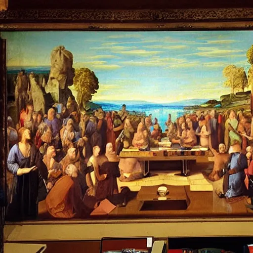 Prompt: a psychedelic conference of scientists / professors / researchers in a renaissance painting