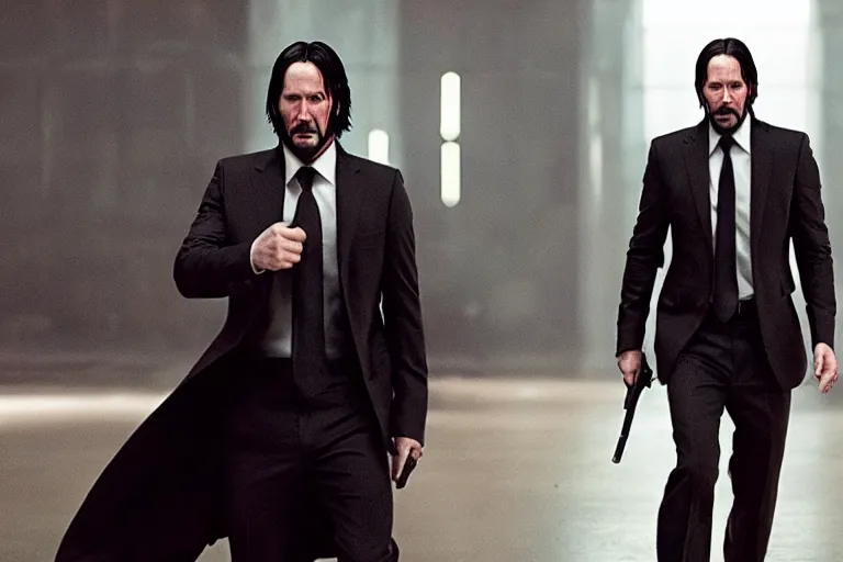 Image similar to John wick in the matrix fighting agent smith, cinematic