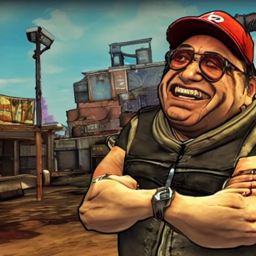 Prompt: a screenshot of danny devito in the video game borderlands 2. 3 d rendering, unreal engine. amazing likeness. very detailed. cartoon caricature