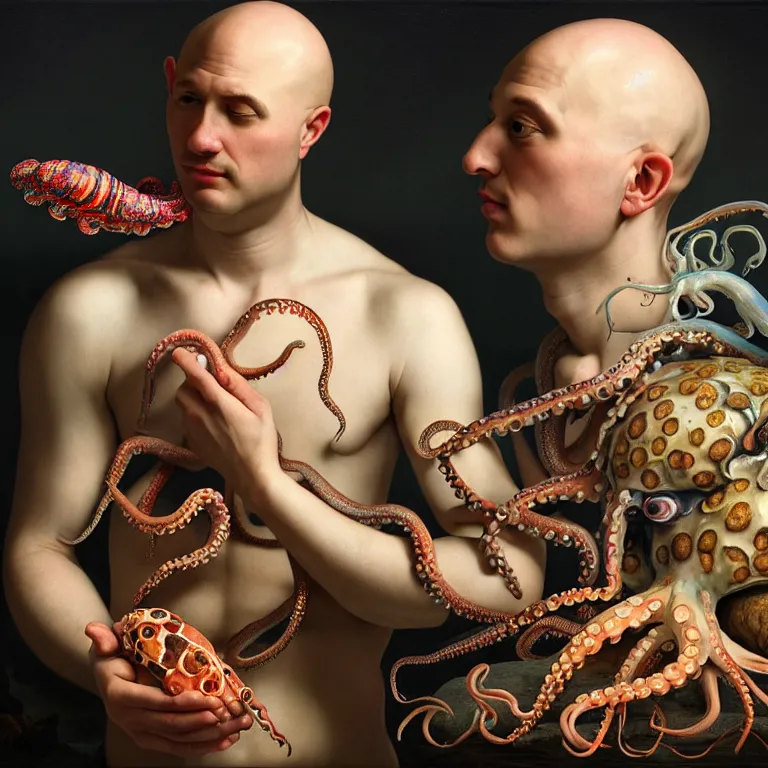 Prompt: young bald man standing in a shell, holding a squid, octopus, sea in the background, beautiful baroque portrait painting, psychedelic, trippy, hallucination, dream, beautiful detailed intricate insanely detailed octane render trending on Artstation, 8K artistic photography, photorealistic, chiaroscuro, Raphael, Caravaggio