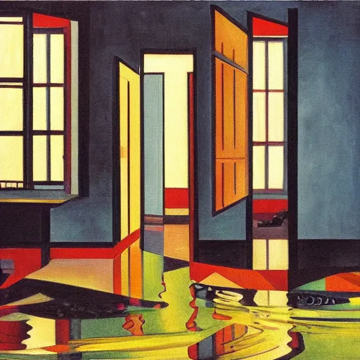 Image similar to painting of a flooded house interior, by cubo-futurism