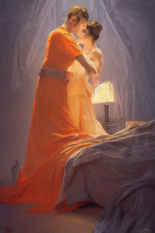 Image similar to portrait of a man in tin - foil hat and orange t - shirt hugging his wife in a bed, feelings, romantic, fantasy, intricate, elegant, highly detailed, digital painting, artstation, concept art, smooth, sharp focus, illustration, art by artgerm and greg rutkowski and alphonse mucha