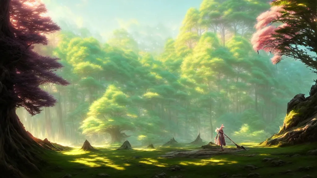 Image similar to forest landscape, pastel color tones, fantasy, elegant, highly detailed, digital painting, artstation, concept art, smooth, sharp focus, illustration, wide angle, artbook, splash art, promo art, soul calibur, league of legends, art by artgerm and greg rutkowski and bo chen and jin xiaodi