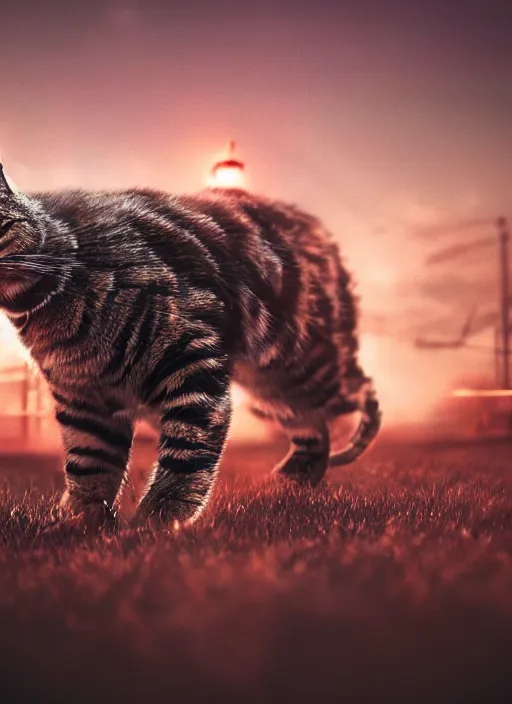 Image similar to giant cyborg cat on a dusky land, cinematic shot, intricate, ornate, photorealistic, ultra detailed, trending artstaition, realistic, 1 0 0 mm, photography, octane, high definition, depth of field, bokeh, 8 k