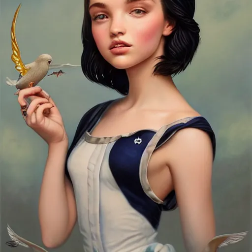 Prompt: tom bagshaw portrait, very beautiful mix of dove cameron madison beer bella poarch in a sailor suit flirting smile, randomly lustrous dyed hair, professionally retouched, focus eyes, ultra realistic soft painting, insanely detailed linework, symmetrical accurate intricate features, behance artstation, 8 k, - signature