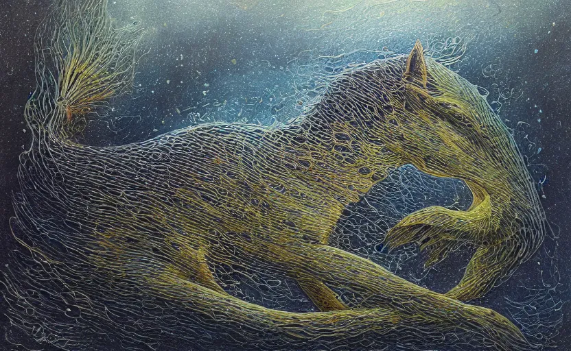 Image similar to a painting of a Kelpie underwater, an ultrafine detailed painting by John Howe, by György Vastagh, by Jeffrey Smith, behance contest winner, space art, acrylic pour, lovecraftian, cosmic horror, biomorphic, hyper realsim