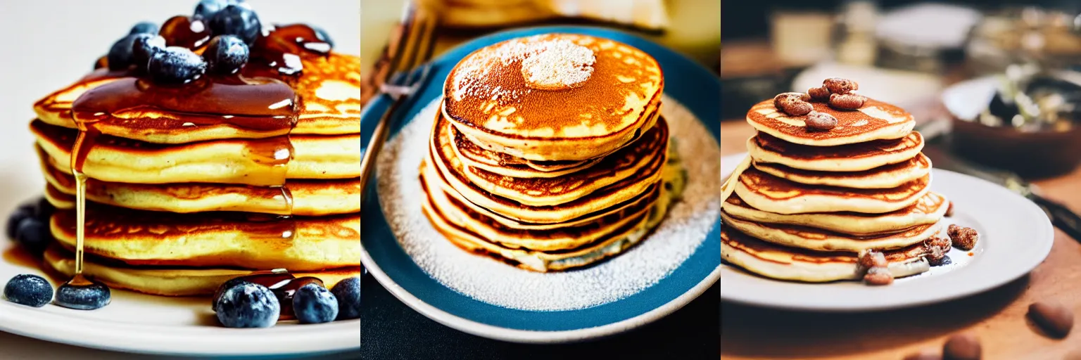 Prompt: a stack of pancakes covered in beans on a dinner plate, dslr photo, food photography