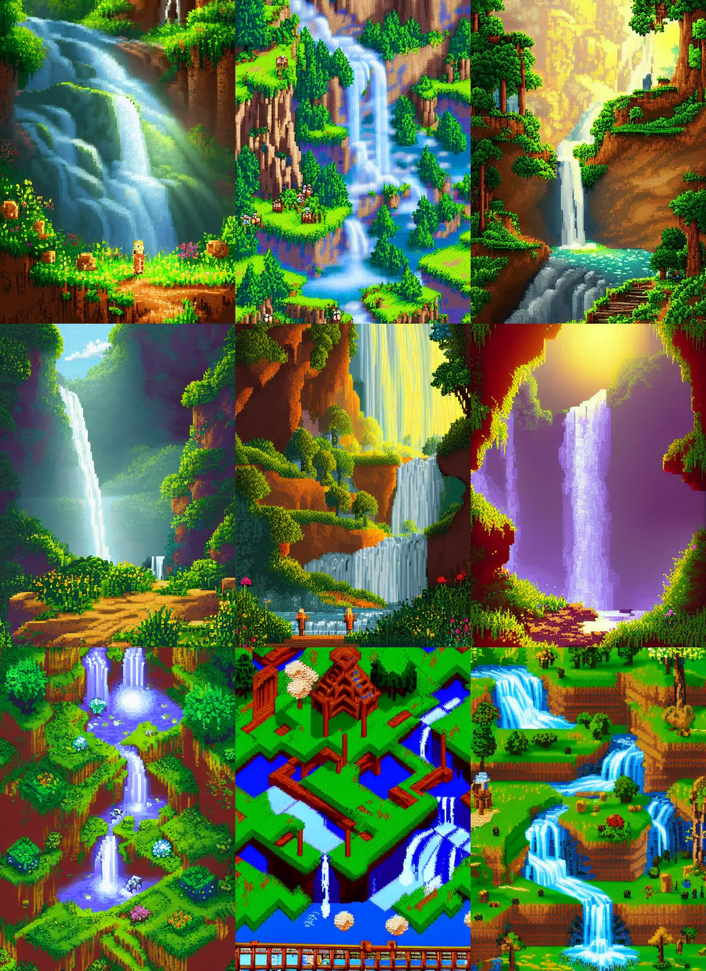 Prompt: view of a light meadow and waterfalls, beautiful detailed pixelart by albertov in the style of quest for glory iii, intricate details, beautiful, dithered, gradients, volumetric lighting, cgsociety, artstation, 2 d