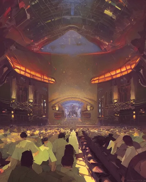 Image similar to craig mullins and ghibli digital illustration of a crowd in a futuristic church, priest, pews, ethereal, inviting, bright, photorealistic, wide shot