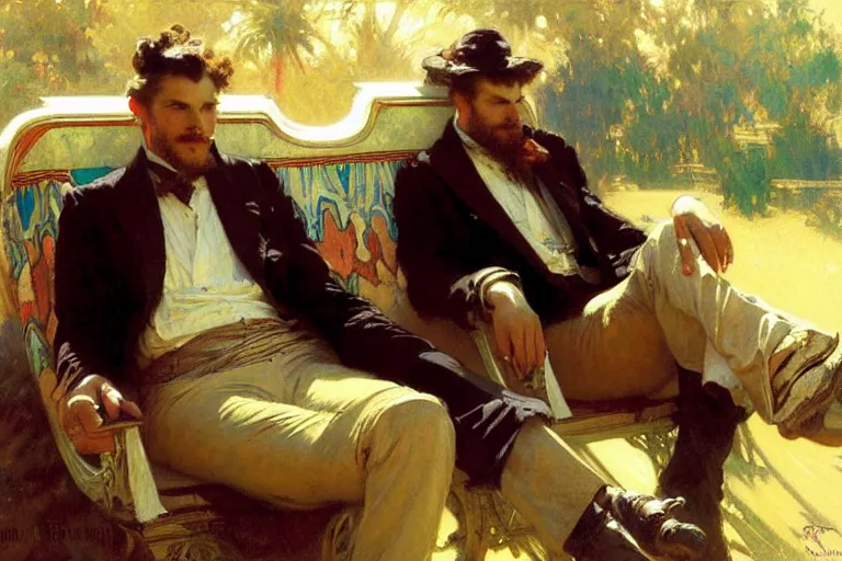 Prompt: 2 attractive men sitting on a coach, painting by gaston bussiere, craig mullins, greg rutkowski, alphonse mucha