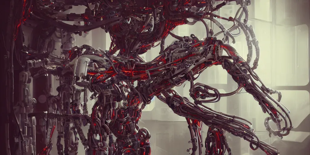 Image similar to cyborg in the data center, wired to the equipmen, red biomechanical details, wearing epic bionic cyborg implants, inflateble shapes, masterpiece, intricate, biopunk, highly detailed, artstation, concept art, cottage core, cinematic focus, polaroid photo, bleached, vintage, high - key lighting, soft lights, foggy, by tarkovsky, 8 k