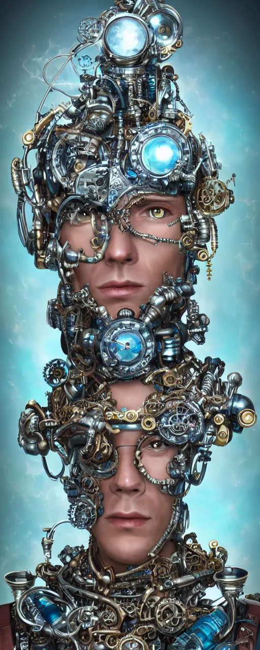 Image similar to Portrait of a steampunk sci-fi cyborg pirate bionic man, third person, D&D, sci-fi fantasy, cogs and springs, shiny jewels, intricate, gold with blue and teal fringe highlights, highly detailed, art by Range Murata, highly detailed, 3d, octane render, bright colors, digital painting, trending on artstation, sharp focus, illustration style of Stanley Artgerm, highly detailed background in a cinematic style