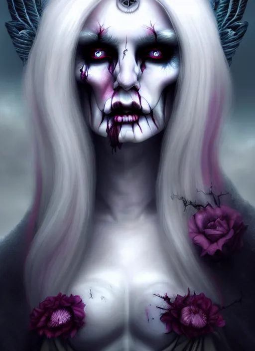 Prompt: goddess of death in a cemetary, white hair, decaying face, cool colors, digital painting, realism, extreme detail, trending on artstation, by natalie shau and hans zatzka