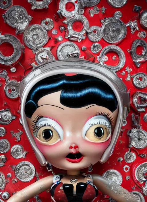 Image similar to closeup of a tin toy betty boop, depth of field, zeiss lens, detailed, symmetrical, centered, fashion photoshoot, by nicoletta ceccoli, mark ryden, lostfish, earl nore, hyung tae, frank frazetta, breathtaking, 8 k resolution, extremely detailed, beautiful, establishing shot, artistic, hyperrealistic, octane render