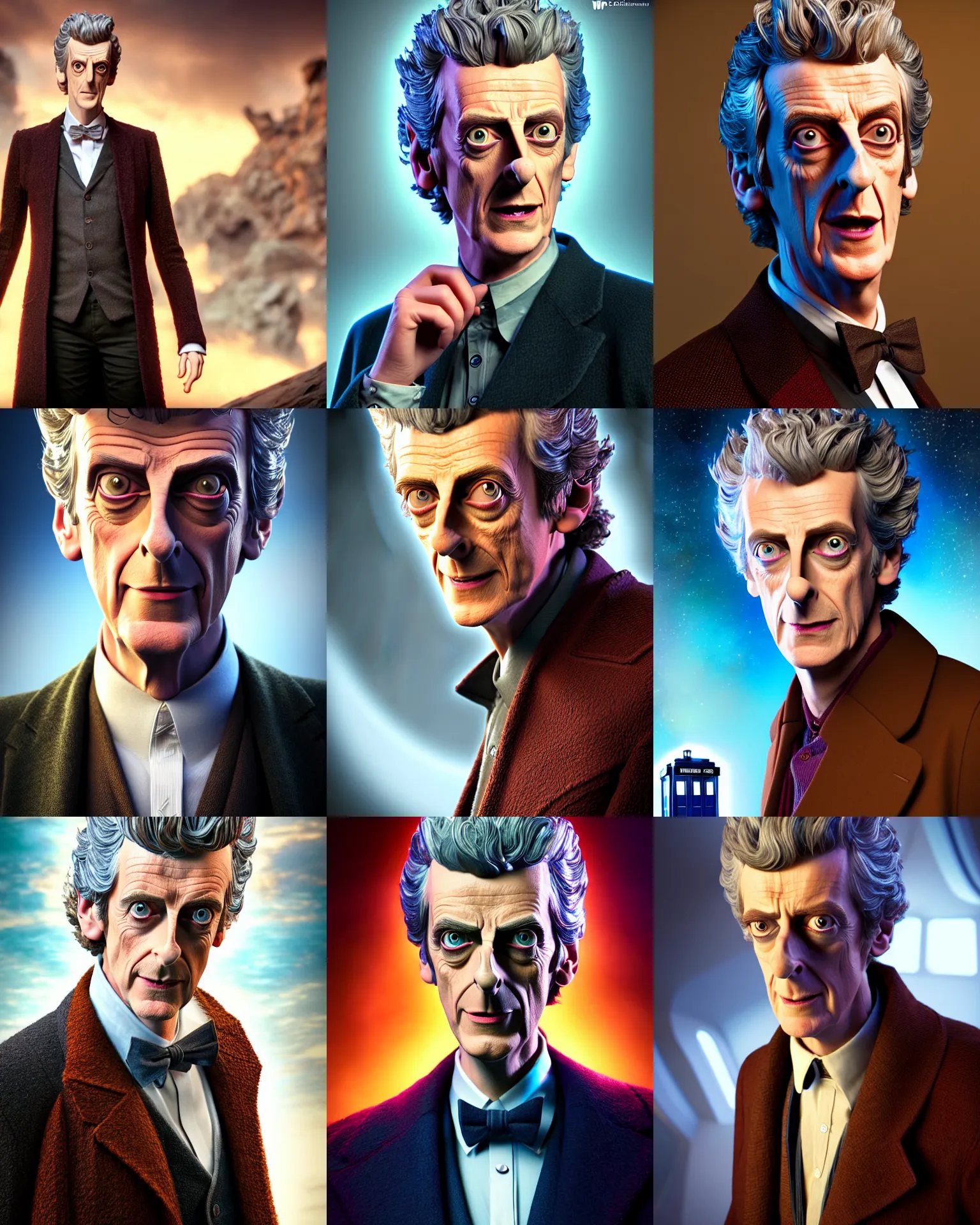 Prompt: weta disney pixar movie still portrait photo of peter capaldi : : as the twelfth doctor who wtith his tardis by pixar : : by weta, wlop, ilya kuvshinov, artgerm, octane render, iridescent