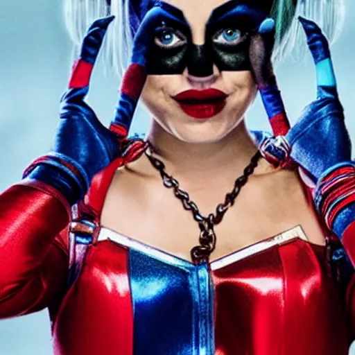 Image similar to A still of Kaley Cuoco as Harley Quinn