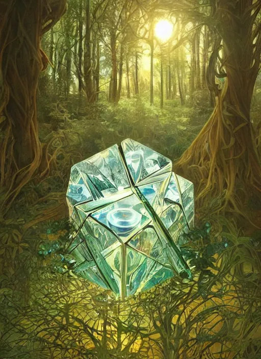 Prompt: a crystal cube in a forest, highly detailed, intricate, concept art, art station, cinematic light, realistic, ethereal light, art by Alphonse Mucha