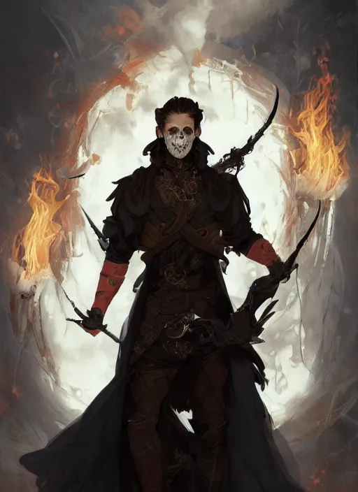 Image similar to character concept portrait of an attractive young angry Spanish wizard with pale white skin and wearing parital skull mask while enchanting a flaming seduction spell, a floating burning spell book in the center, intricate, elegant, digital painting, concept art, smooth, sharp focus, illustration, from Metal Gear, by Ruan Jia and Mandy Jurgens and William-Adolphe Bouguereau, Artgerm