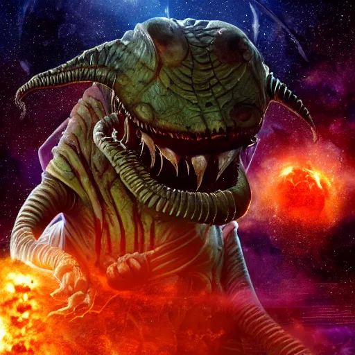 Image similar to one eldritch horror bloody garfield in space, galaxy, hd, 8 k, explosions, gunfire, lasers, giant, epic, realistic photo, unreal engine, stars, prophecy, powerful, cinematic lighting, destroyed planet, debris, movie poster, violent, sinister, ray tracing, dynamic, print, epic composition, dark, horrific, tentacles, teeth