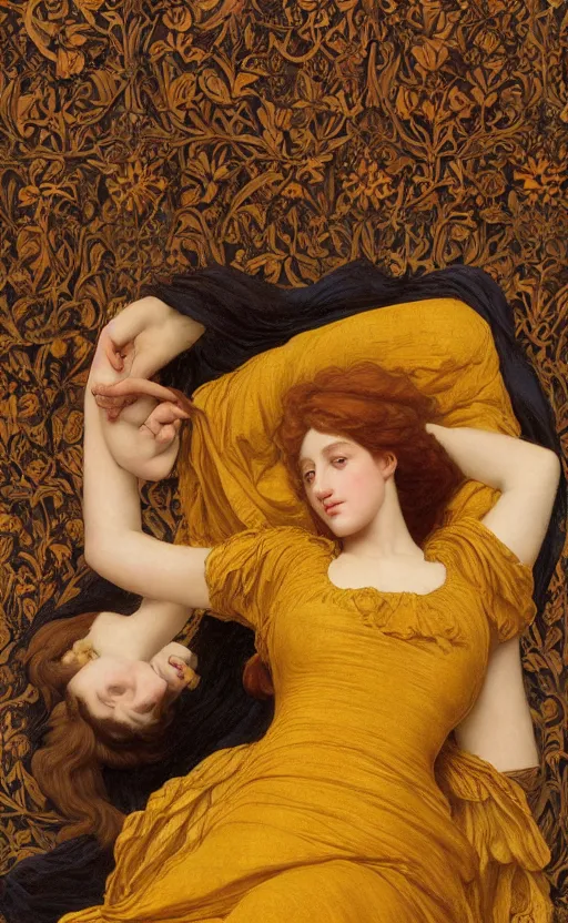 Prompt: preraphaelite full body reclining portrait photography masterpiece, perfectly poised, foreshortening, brown hair fringe, yellow ochre ornate medieval dress, frederic leighton, background by william morris and kilian eng, framed, 4 k