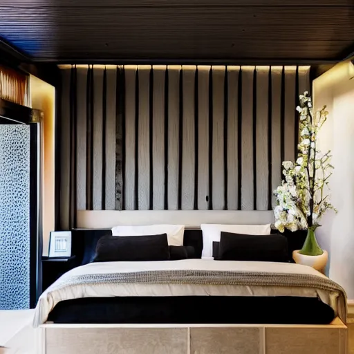 Image similar to bedroom, stone, interior design, stylish luxury hotel bedroom design, yakisugi, black vertical slatted timber, textures, feminine, black walls, art, Japanese pottery vase with flowers, kakejiku, seasonal, Japanese influences