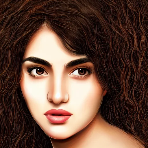 Image similar to portrait of a persian young lady with curly black hair, round face, thin lips, big brown eyes, photo, hyperrealistic, focused, detailed