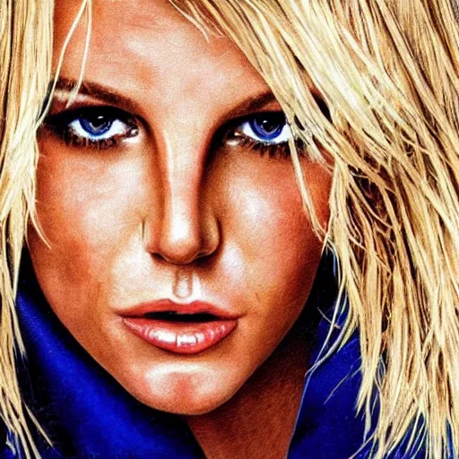 Image similar to portrait of britney spears with his hand on his face, extremely realistic and real, photorealistic, blonde hair and blue eyes, detailed facial structure, real eyes that are detailed
