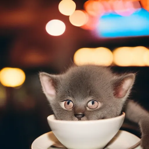 Prompt: ultra high quality photograph of a extreme cute korat kitten drinking a cappuccino, in crowded cafe, bokeh background, lighting dim, colourized, kodak etkar 1 0 0