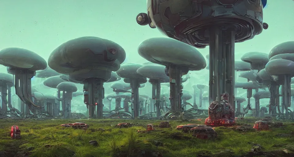 Prompt: GIANT MECHANICAL FUNGUS, landscape, center composition, cinematic, rendered by simon stålenhag, rendered by Beeple, Makoto Shinkai, syd meade, Gundam Style, environment concept, digital art, starwars, unreal engine, 3 point perspective, WLOP, trending on artstation, low level, 4K UHD image, octane render,