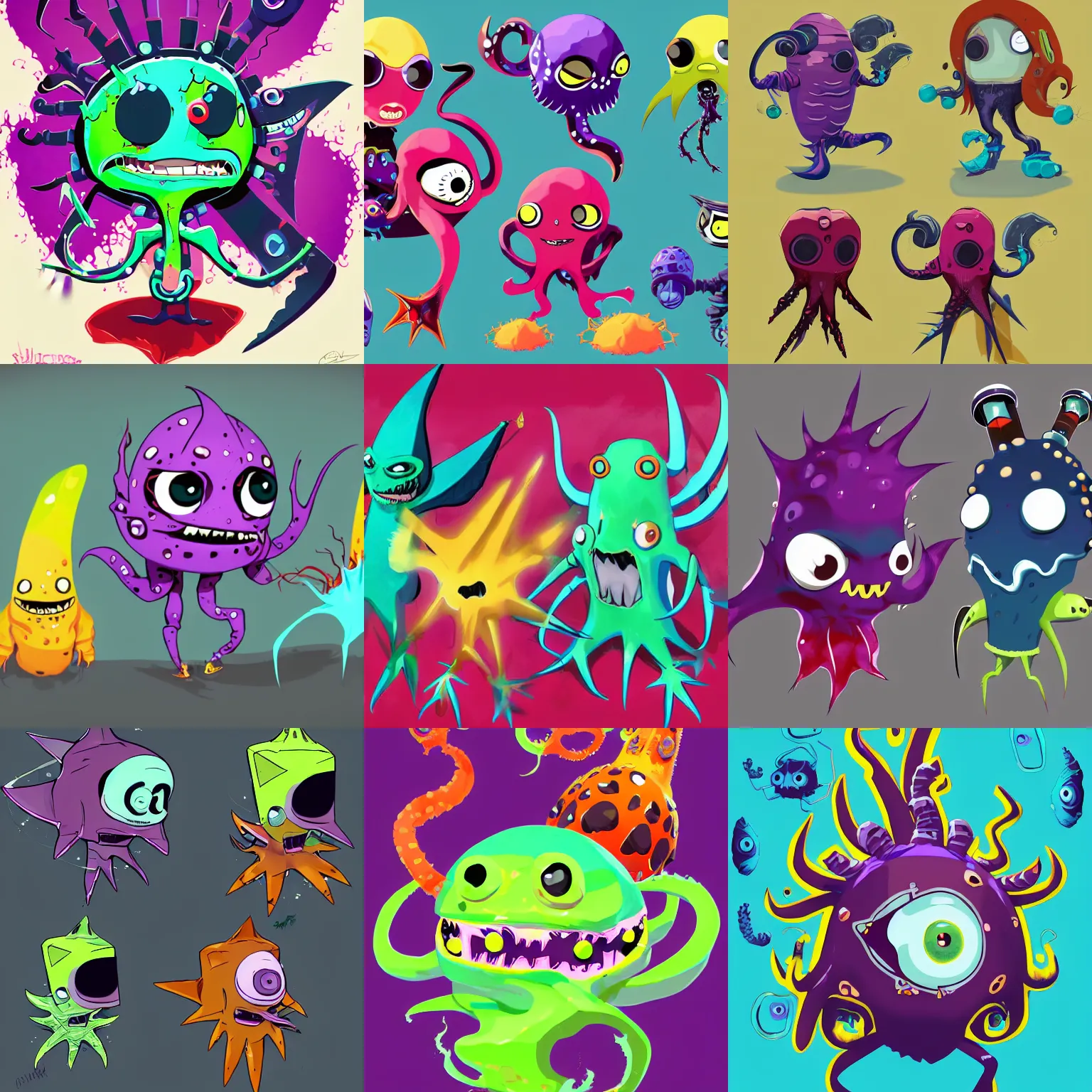 Prompt: psychic punk rocker vampiric electrifying rockstar vampire squid angler fish gulper eel and sea urchins concept character designs of various shapes and sizes by genndy tartakovsky and splatoon by nintendo and the psychonauts franchise by doublefine tim shafer artists for the new hsplatoon video game by nintendo