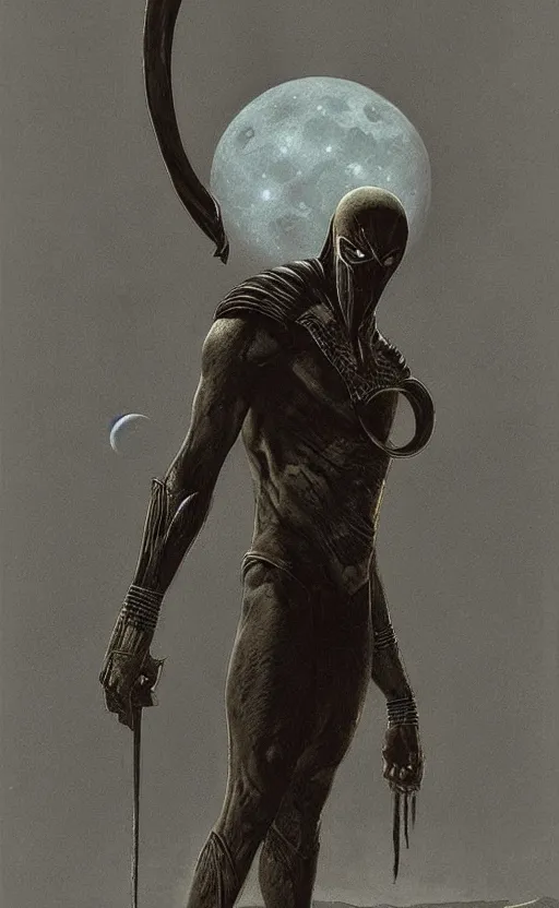 Image similar to great egyptian god khonshu from marvel moon knight, standing character, looking angry and like a person, fantasy, creepy, scary, strange, by beksinski and moebius, digital art, artstation