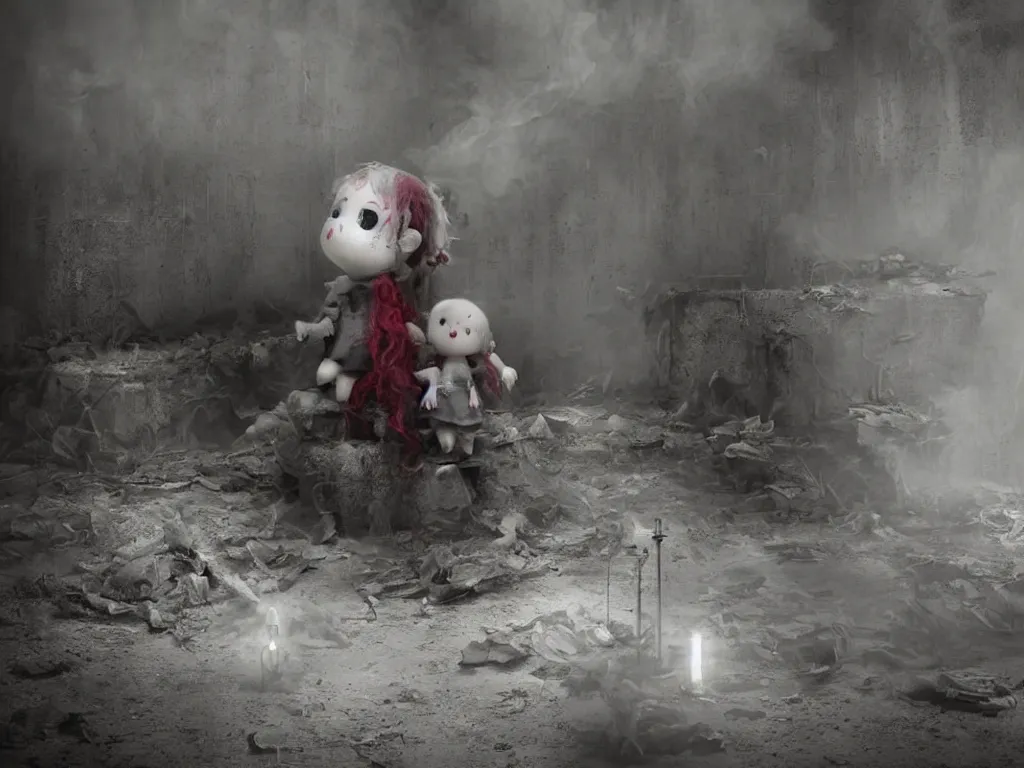 Image similar to cute fumo plush girl ghosts playing in a mysterious concrete wartorn brutalist ruin infected by strands of red parasitic fungus, chibi gothic maiden in tattered rags, dramatic three point lighting, glowing wisps of hazy smoke and volumetric fog swirling about, vray