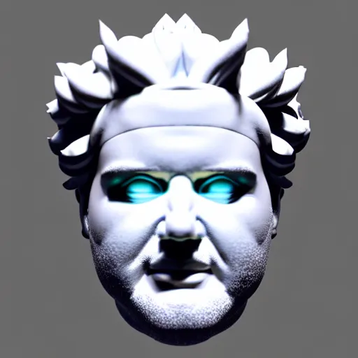 Image similar to sci - fi cgartist wide shot anaglyph ambient occlusion rendering of a hyper realistic marble greek statuary regal god head resembling guy fieri glowing with embedded vaporwave leds product photo high key colored lighting, trending on artstation volumetric lighting