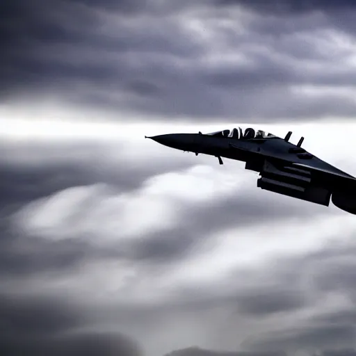 Image similar to stylish shot cinematic of a fighter jet flying through clouds