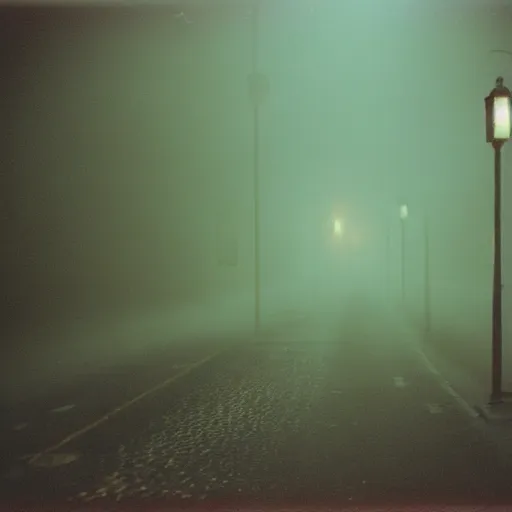 Image similar to taken using a film camera with 35mm expired film, bright camera flash enabled, urban city at night, slightly foggy, creepy, liminal space,