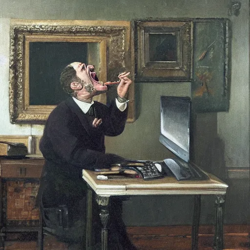 Image similar to an angry man screams at his computer monitor, oil on canvas, 1 8 8 3, highly detailed