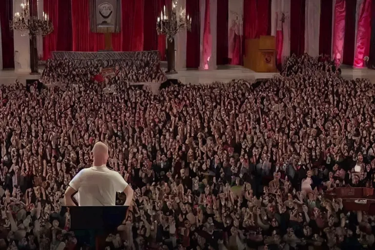 Image similar to vfx movie angry yelling pigman president of the united states speaking at podium on stage. by emmanuel lubezki