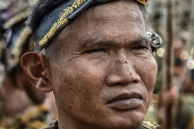 Image similar to close - up photo of smart khmer warlord in a battle scene, detailed eyes, shallow depth of field, photorealistic, cinematic lighting, lovely bokeh, warm colours, dusk