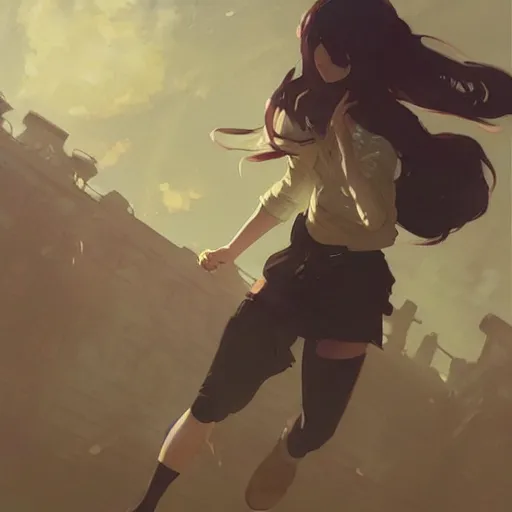 Image similar to girl running from the fbi by krenz cushart and mucha and akihito yoshida and greg rutkowski, nier : automata inspired,