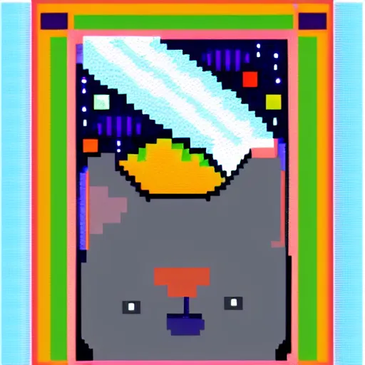Prompt: Pixel art grey cat between toasts flying in space with rainbow trail