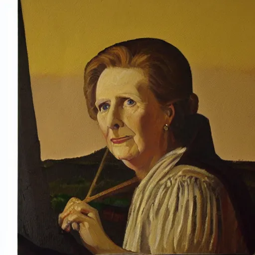 Image similar to margaret thatcher as a 1 2 th century peasant in england, painting, oil on canvas, restored, art, detailed