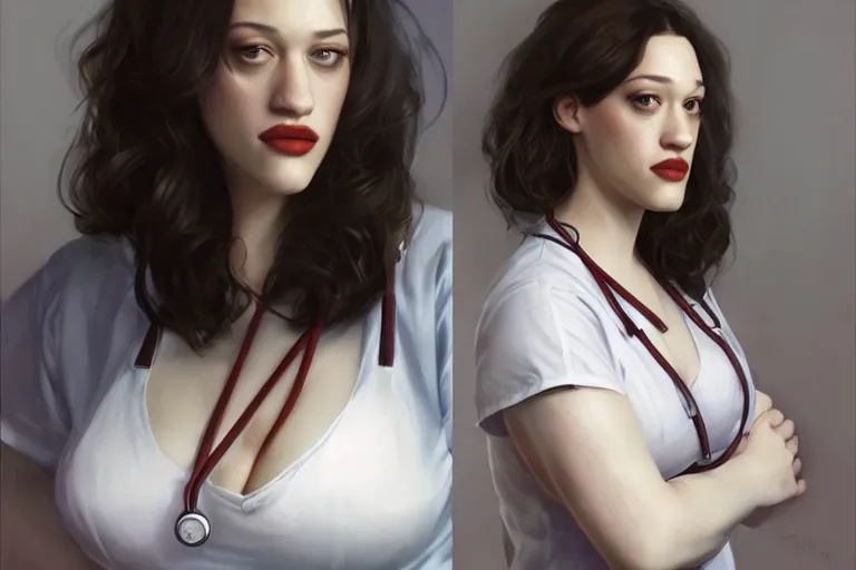 Prompt: A portrait of a Kat Dennings in a low cut outfit as a seductive nurse in a hospital by Ruan Jia and Mandy Jurgens and Artgerm and william-adolphe bouguerea, highly detailed, trending on artstation, award winning, H 768
