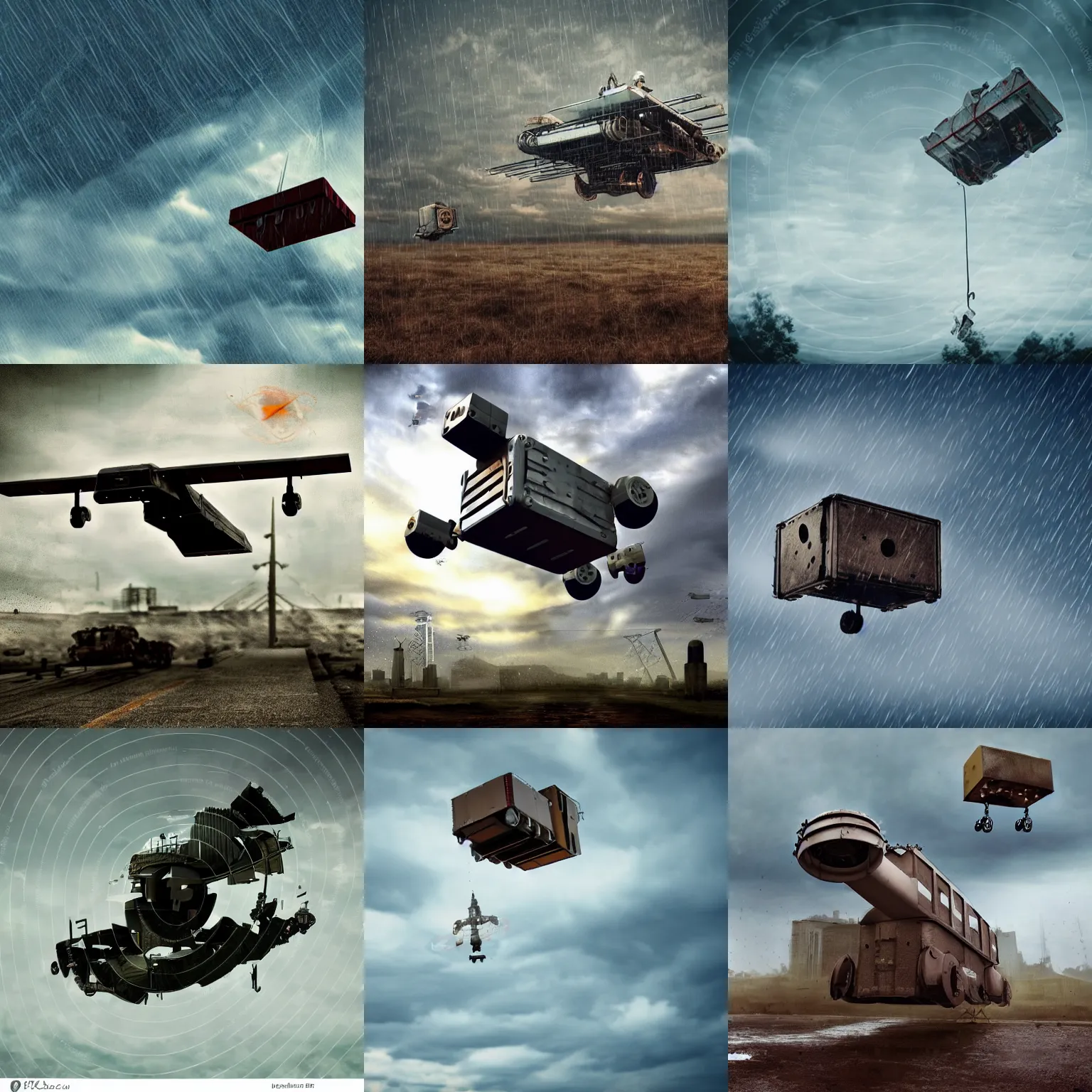 Prompt: flying post autonomous robot, atomicpunk, dieselpunk, delivering parsel box, in forcasted sky, raining, machine, post apocalyptic scene, no background