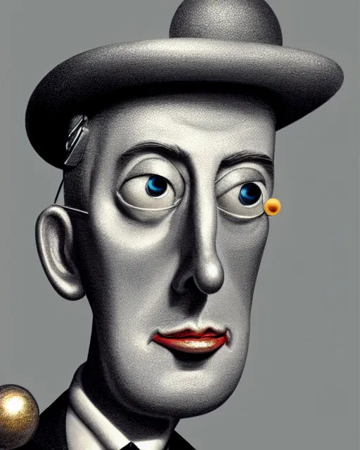 Image similar to closeup face profile portrait of a tin toy jacques tati, hyper realistic, artstation, illustration, nicoletta ceccoli, mark ryden, lostfish, max fleischer, digital paint, matte paint, vivid colors, dark, sinister, detailed and intricate environment